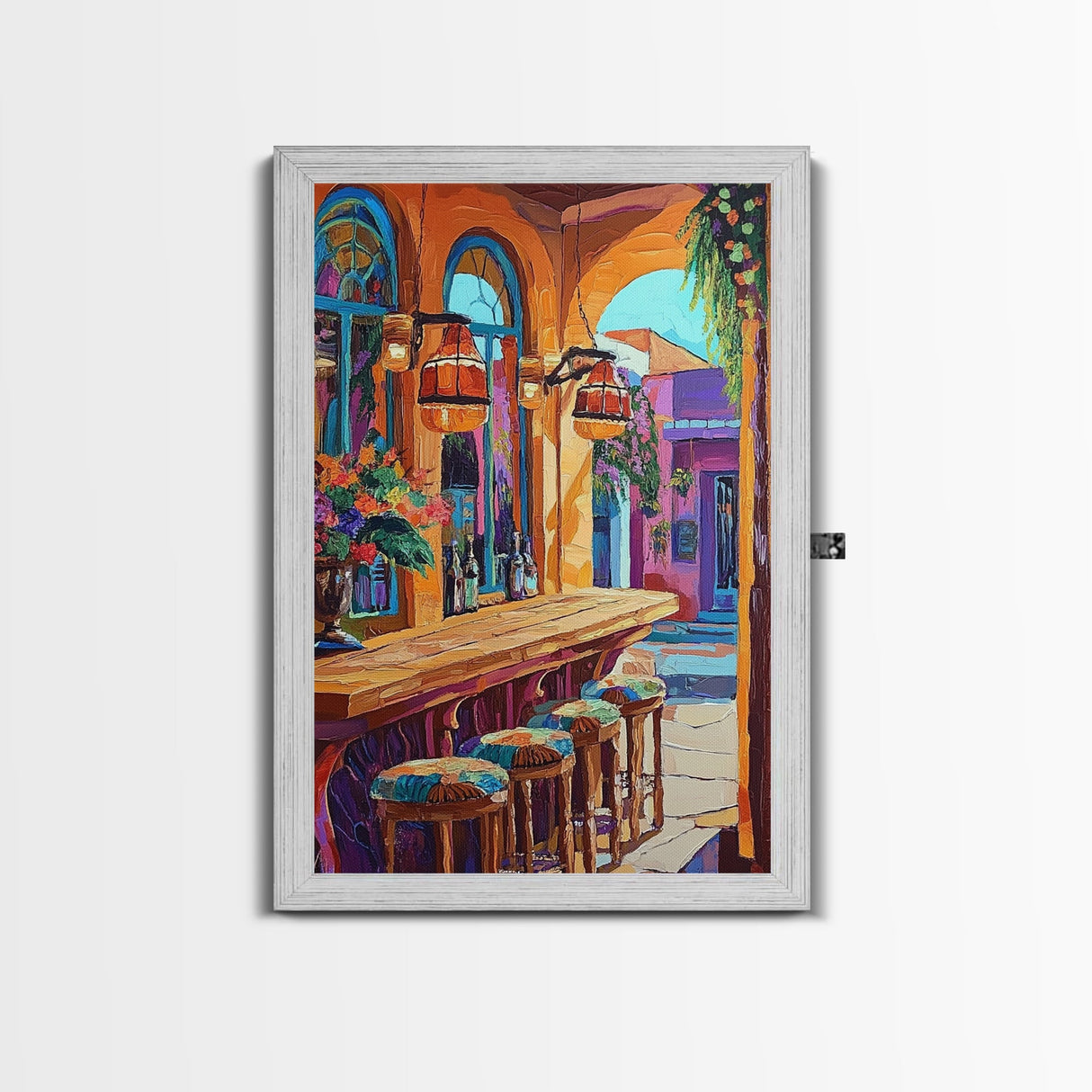 Wine Bar Scene, Cozy Bistro, Mediterranean Patio, Colorful Bar Decor, Kitchen Wall Art, Eclectic Style, Framed Canvas Print