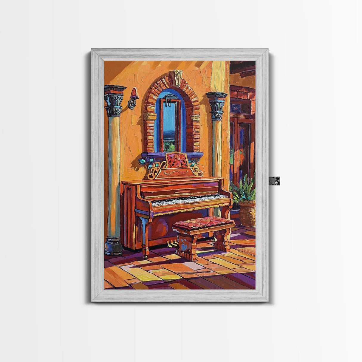 Spanish Piano, Sunlit Interior, Warm Rustic Style, Music Room Wall Art, Traditional Decor, Framed Canvas Print, Mediterranean Home Vibe