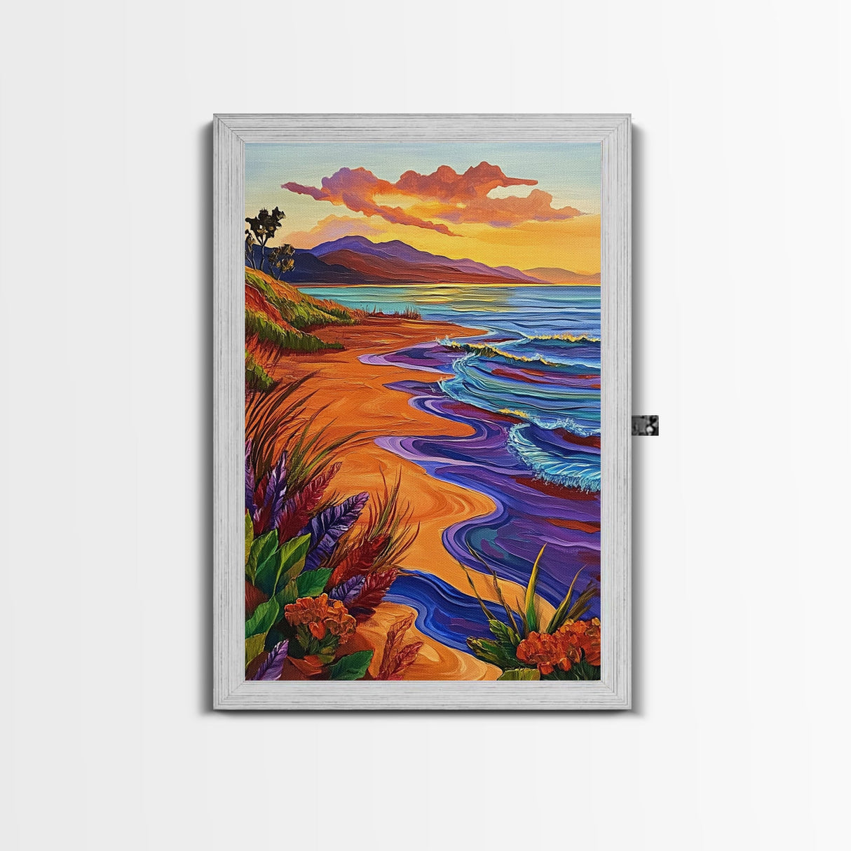 Vibrant Beach Sunset, Ocean Waves, Tropical Coastline, Coastal Landscape, Framed Canvas Print, Living Room Wall Art, Colorful Beach Art
