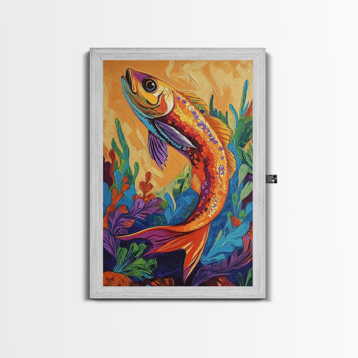 Colorful Tropical Fish, Ocean Wall Art, Coastal Sea Life Painting, Framed Canvas Print, Underwater Theme, Bathroom Decor, Bold Nautical Style