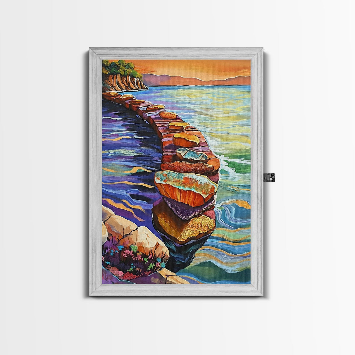 Sunset Rock Path, Ocean Wall Art, Serene Coastal Scene, Framed Canvas Print, Bohemian Living Room Decor, Water Landscape Painting