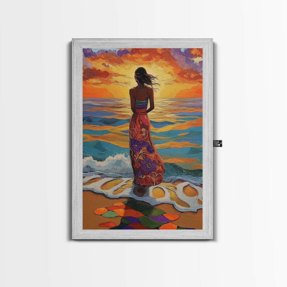 Sunset Beach Woman, Ocean Waves Art, Boho Coastal Decor, Tropical Wall Art, Canvas Print, Living Room Accent, Vibrant Beach Scene
