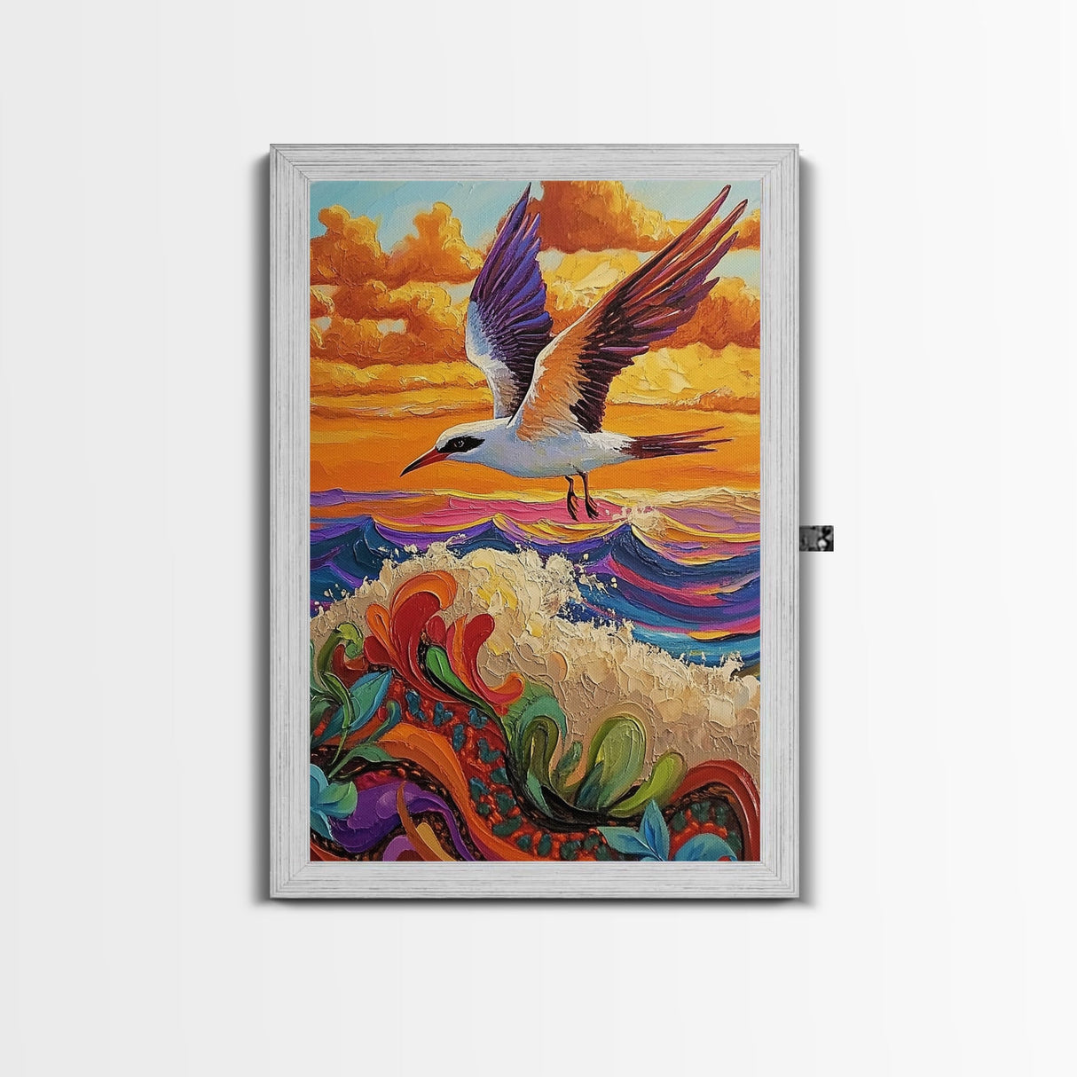 Flying Bird Sunset, Colorful Ocean Waves, Tropical Wildlife Art, Canvas Print, Boho Nature Decor, Fall Wall Accent, Vibrant Scene