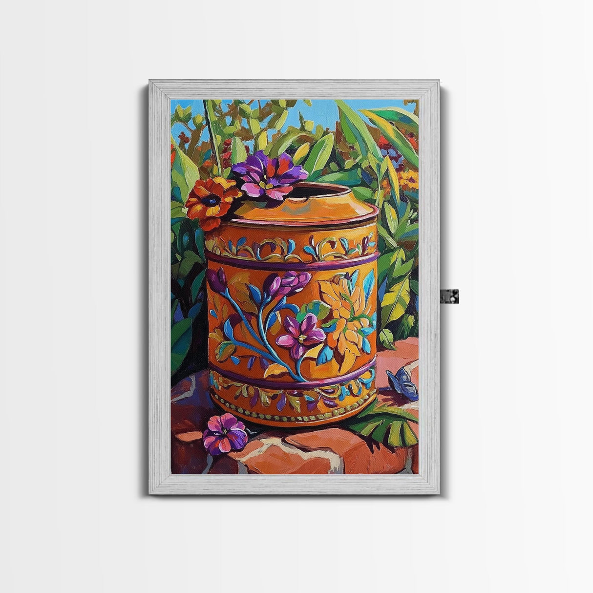 Floral Pot Still Life, Garden Patio Art, Colorful Ceramic Design, Framed Canvas Print, Kitchen Wall Art, Bohemian Home Style
