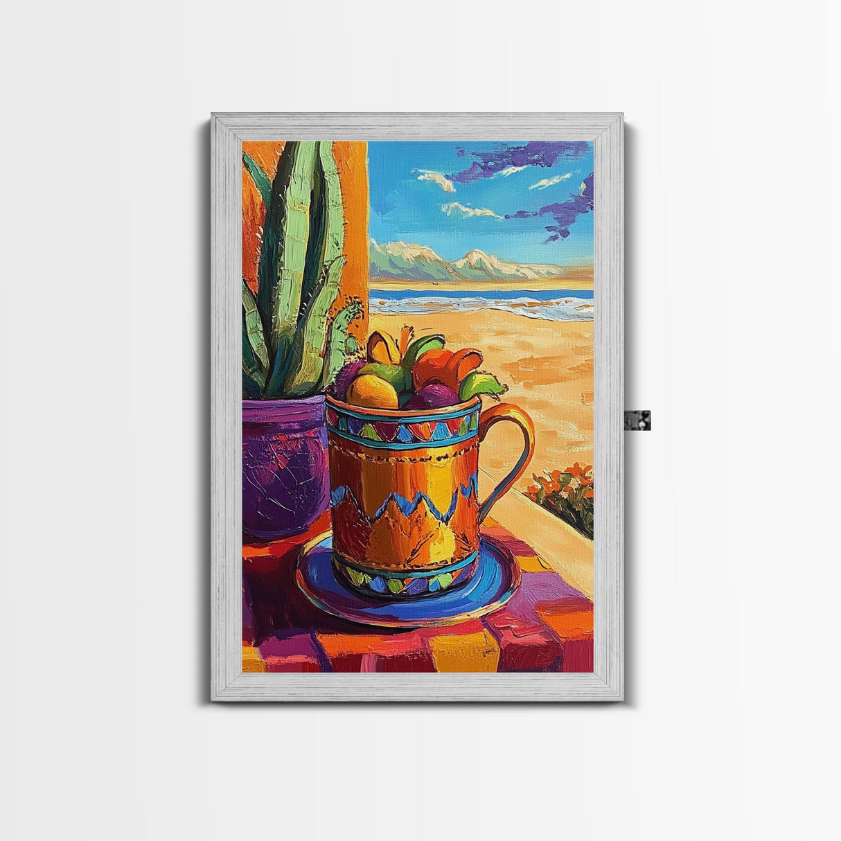 Fruit Mug Art, Coastal Kitchen Decor, Colorful Summer Vibes, Framed Canvas Print, Bright Wall Art, Boho Dining Room Accent