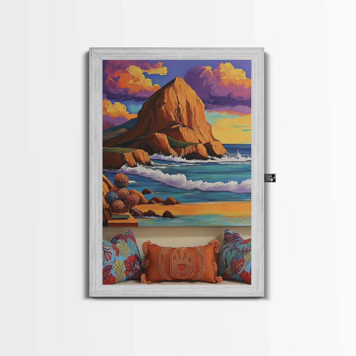 Sunset Beach, Cliffs, Waves, Framed Canvas Print vibrant coastal wall art, beach house decor, ocean cliffs, boho style, living room wall art
