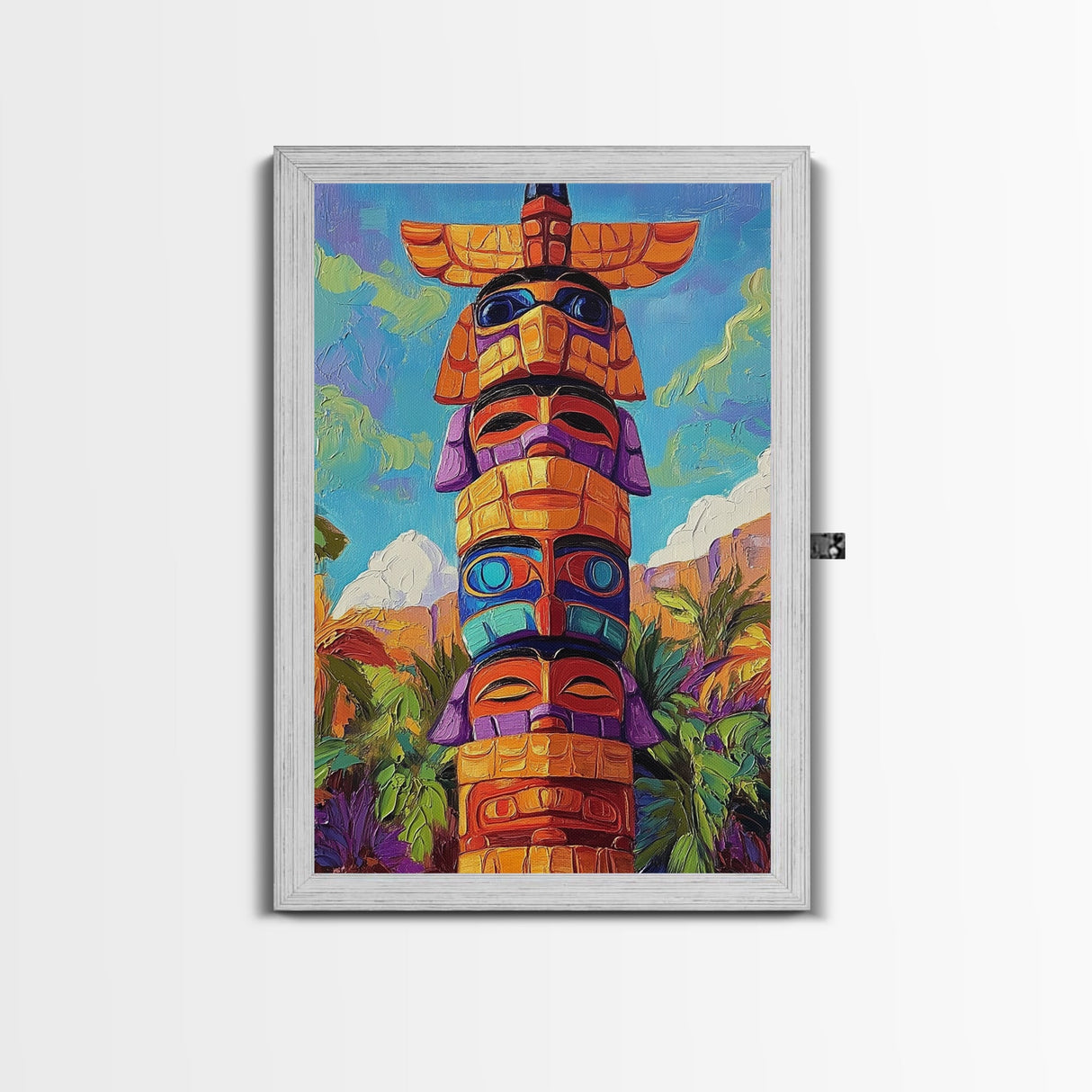 Totem Pole Painting, Tribal Inspired Decor, Canvas Print, Vibrant Wall Art, Boho Art Style, Entryway Statement Art, Unique Cultural Art