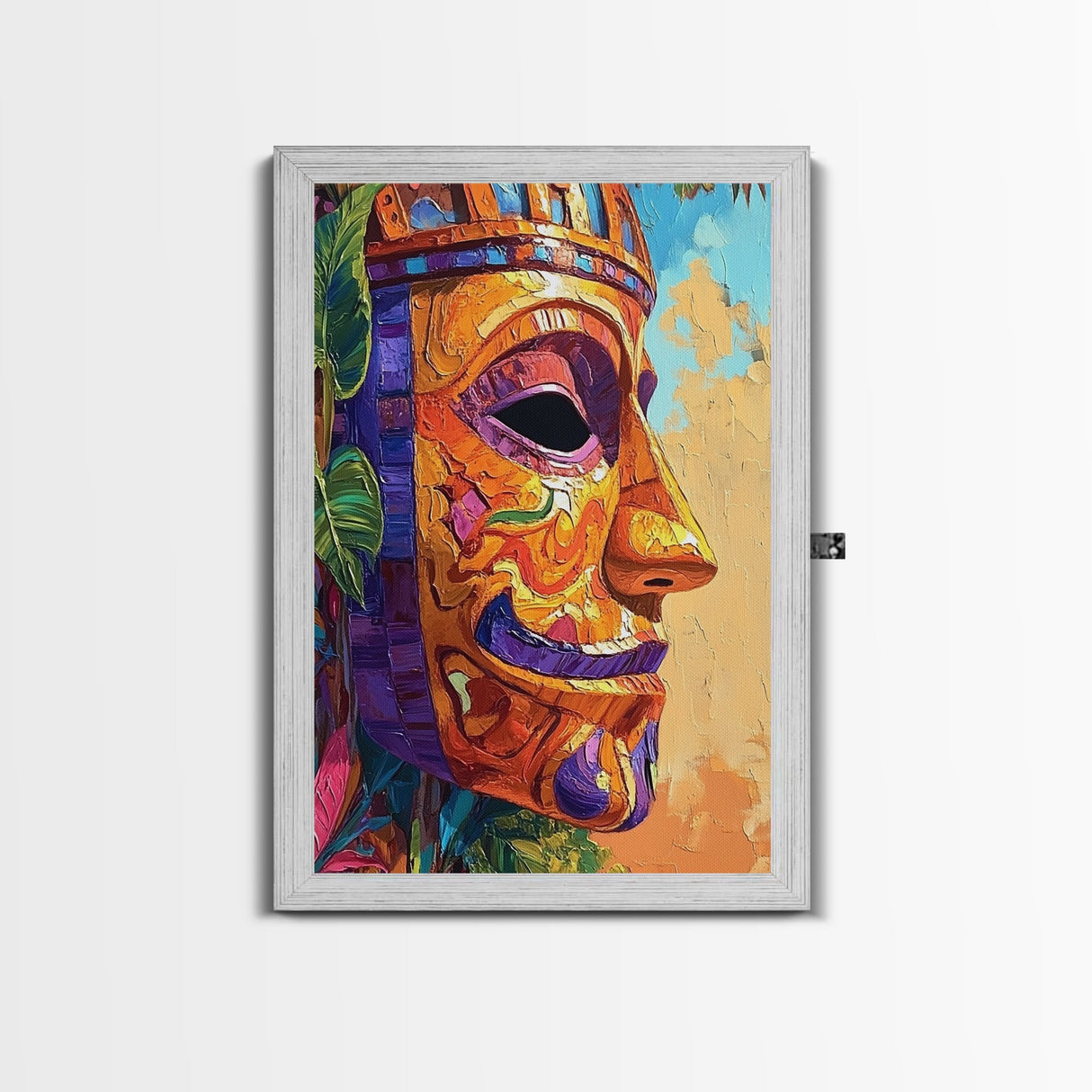 Tribal Mask Side, Exotic Face Wall Decor, Canvas Print, Cultural Art Style, Office Accent Art, Tiki Mask Inspired Home Wall Art