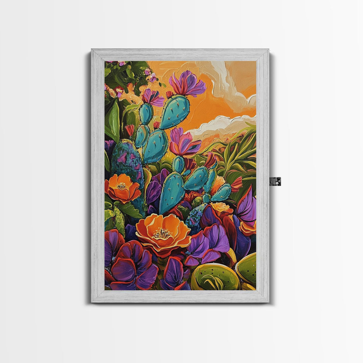 Prickly Wildflowers, Cactus, Garden, Framed Canvas Print floral cactus art, vibrant botanical painting, nature decor, desert boho living room