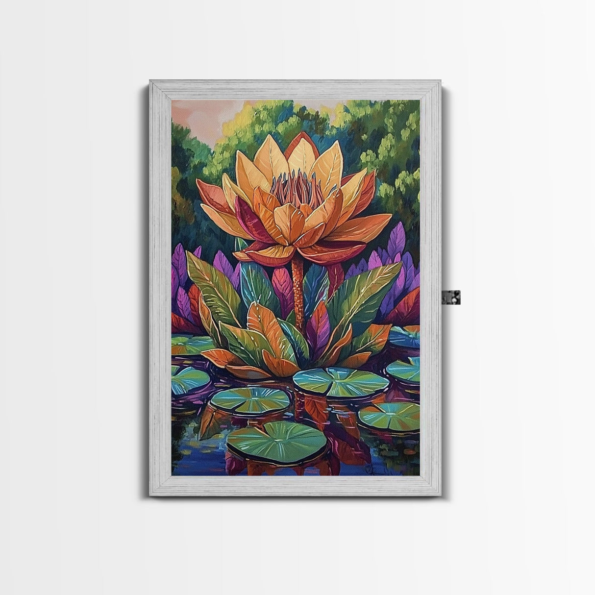 Large Lotus Flower, Tranquil Nature Art, Peaceful Botanical Scene, Framed Canvas Print, Boho Bathroom Wall Art, Zen Decor