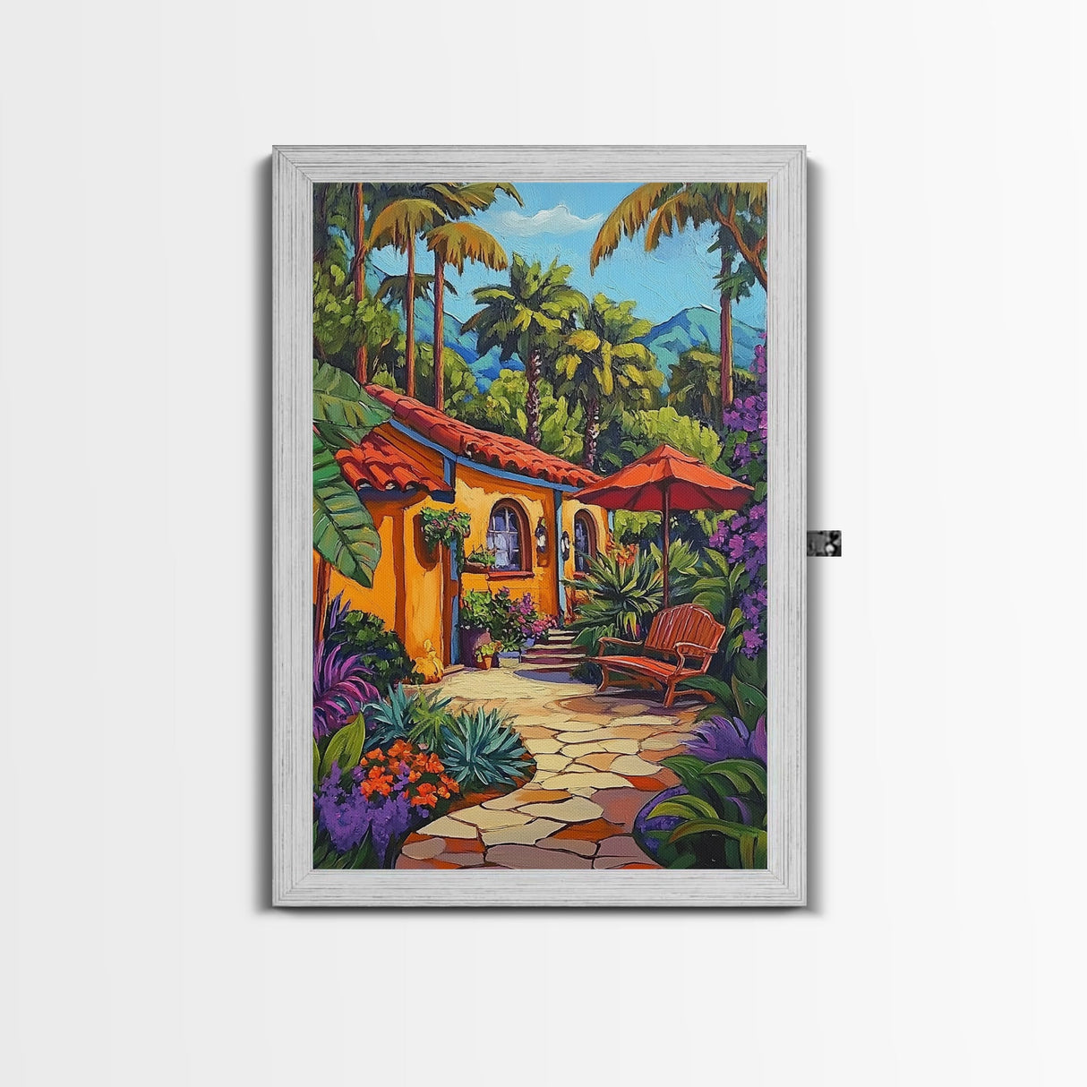 Tropical Courtyard, Retreat, Pathway, Framed Canvas Print, vibrant tropical patio scene, colorful garden art, Spanish boho home decor