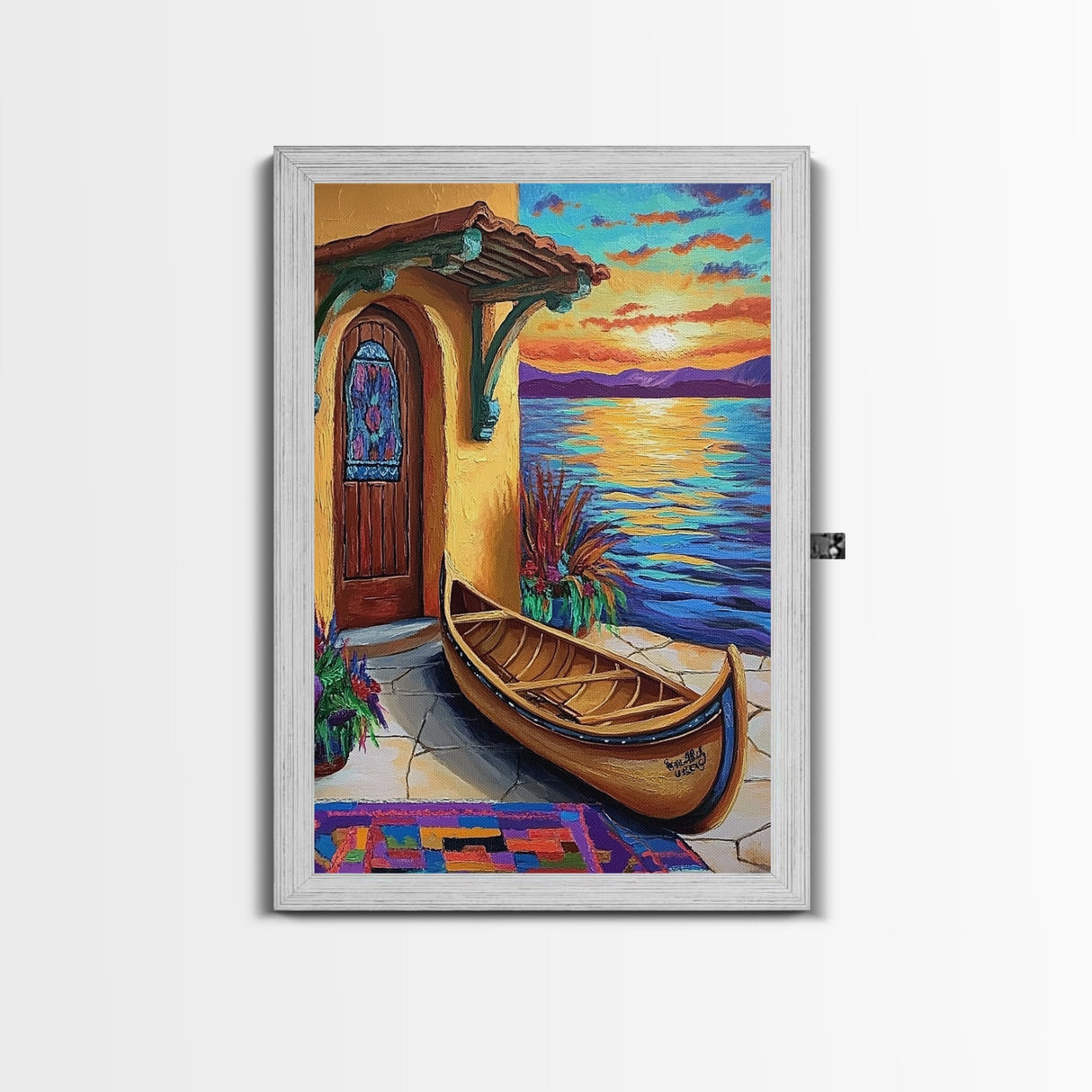 Lakeside Sunset, Canoe, Serenity, Framed Canvas Print, rustic lakefront, sunset art, cozy cabin vibe, boho lakehouse wall art, den art