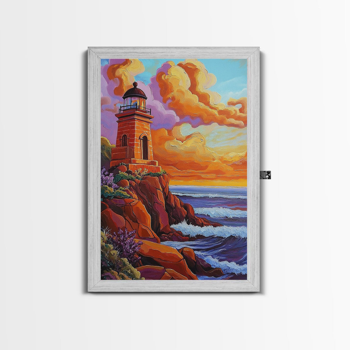 Lighthouse Sunset, Waves, Dramatic Coastal Sunset, Framed Canvas Print, Nautical Office Wall Art, Fall Coastal Decor, Bold Color Painting