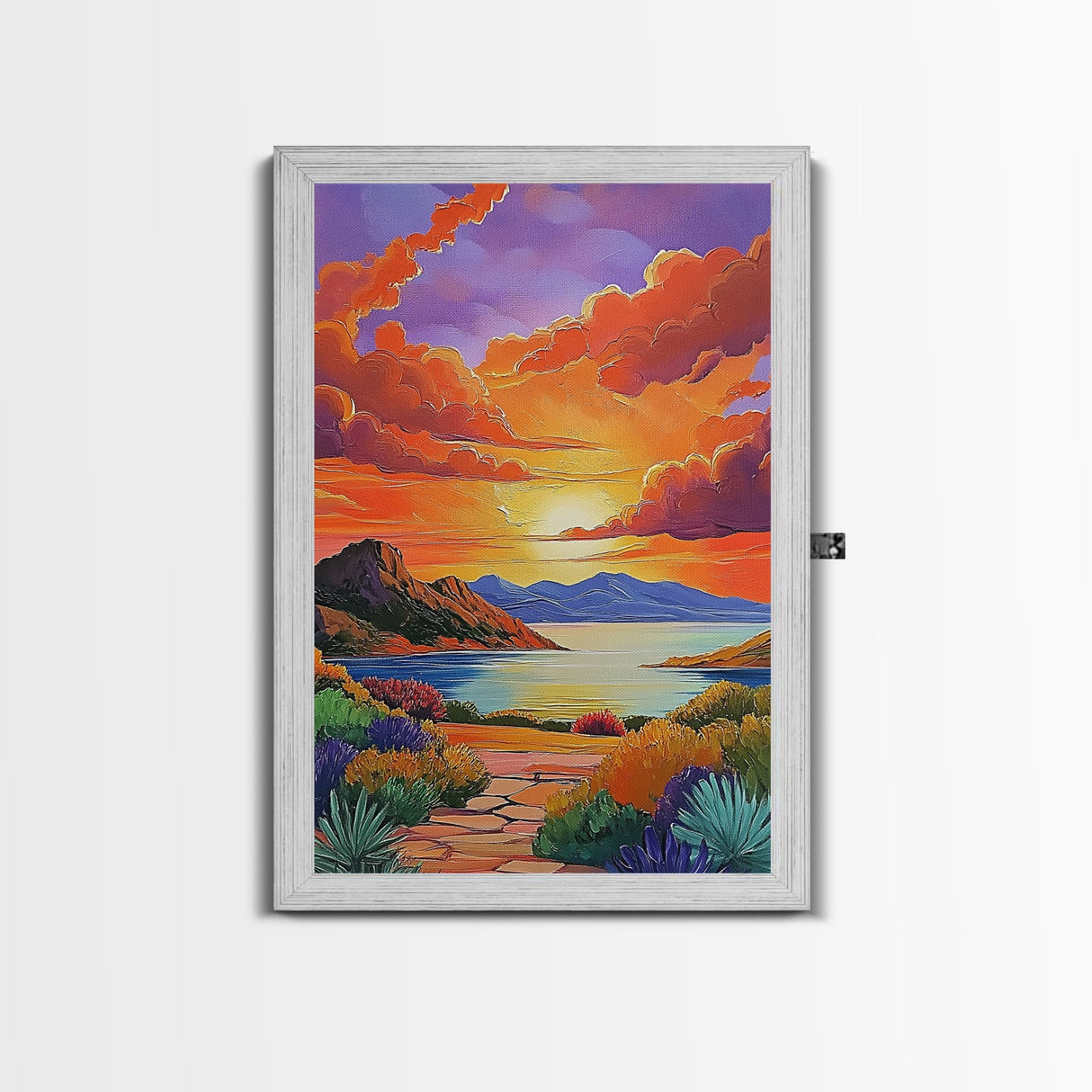Sunset, Desert, Lake, Landscape, Framed Canvas Print, Vibrant sunset over desert lake with bold skies, perfect Southwest living room wall art