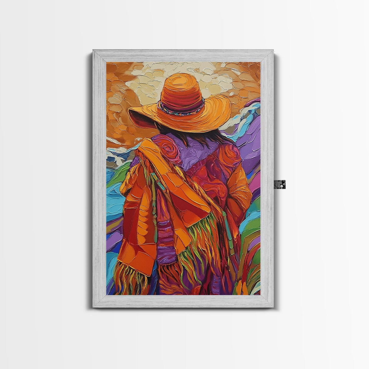 Woman, Hat, Mountains, Blanket, Canvas Print, Southwest-inspired woman with hat and blanket, rustic fall-themed living room wall decor