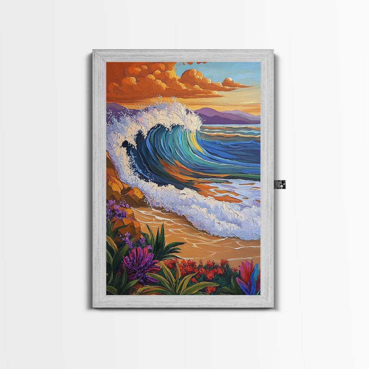 Wave Sunset, Ocean, Flowers, Canvas Print, Crashing sunset wave with tropical flowers, coastal bathroom and surf-themed wall decor