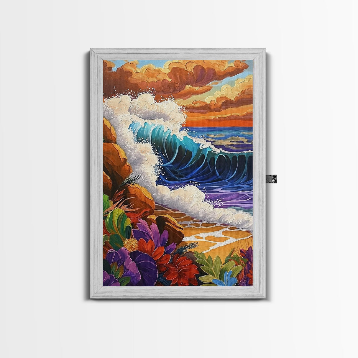 Wave Bold, Ocean, Sunset, Framed Canvas Print, Sunset surf wave crashing on rocks with bold colors, perfect beach house wall art
