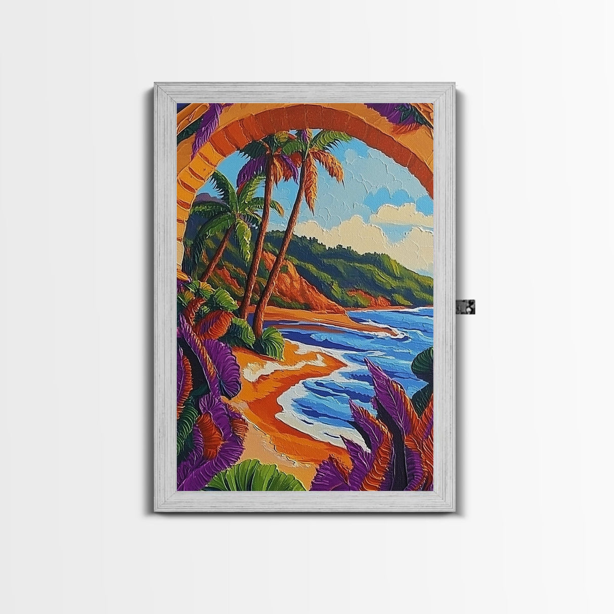 Tropical Palm, Beach, Archway, Canvas Print, Vibrant tropical beach with palm trees through archway, boho bedroom island-inspired wall decor