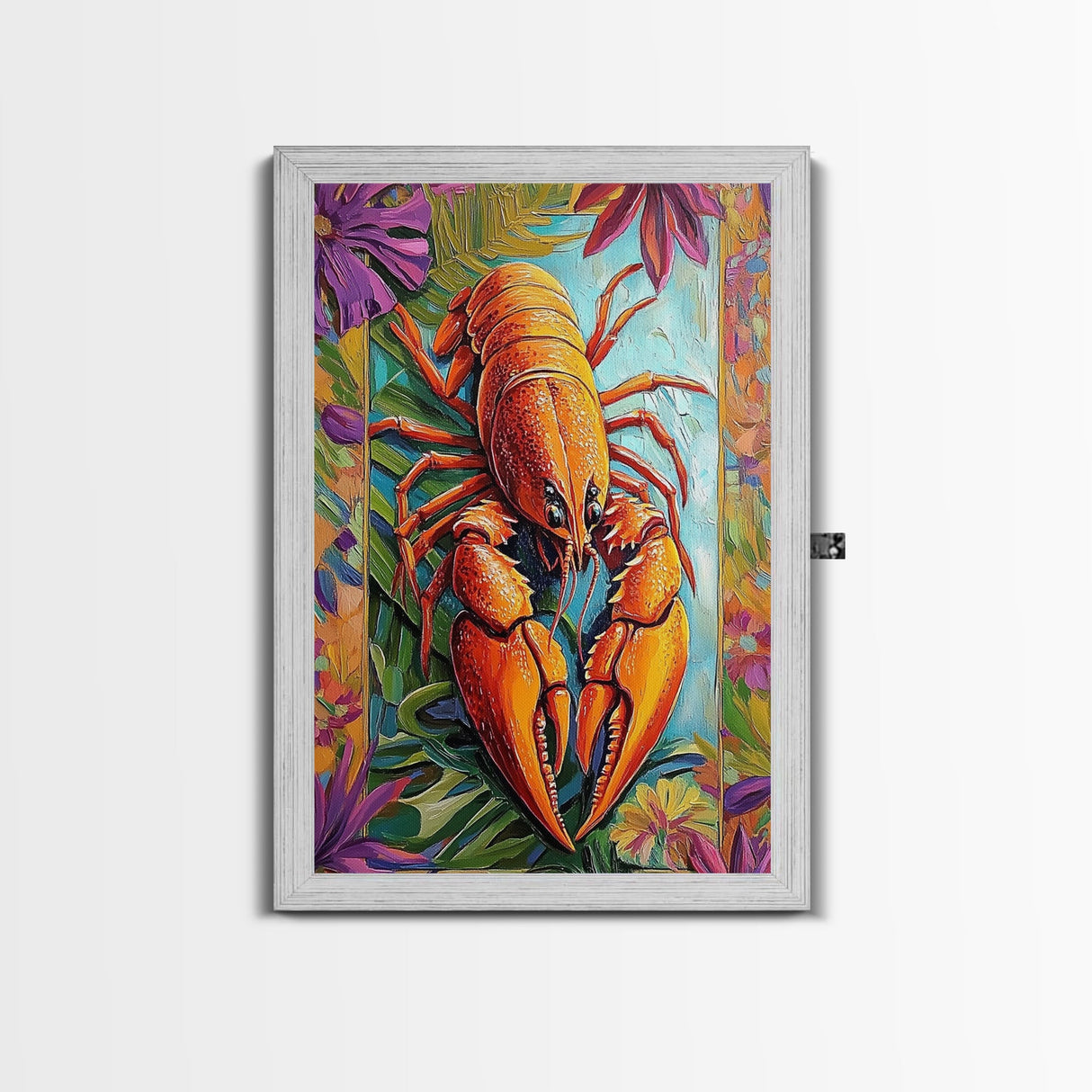 Lobster Coastal, Nautical, Kitchen, Framed Canvas Print, Bold orange lobster art with tropical florals, great coastal kitchen wall art