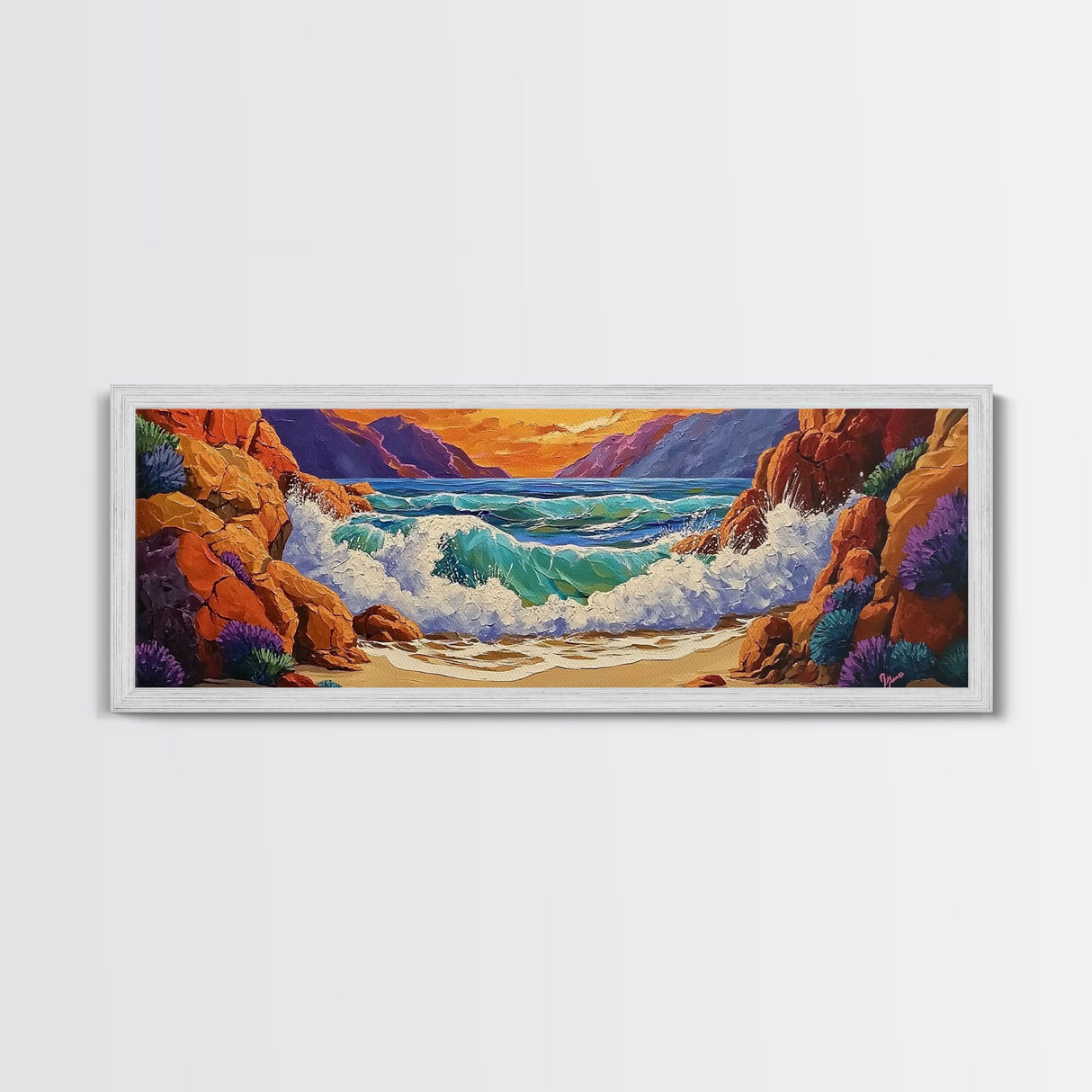 Ocean Wave, Rocky Coast, Vibrant Sunset, Nature Seascape, Framed Canvas Print, Coastal Wall Art, Beach Bathroom Decor, Colorful Seascape Art