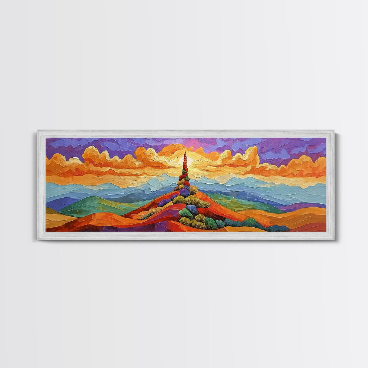 Colorful Mountain Sunrise, Bold Landscape Painting, Southwest Decor, Living Room Wall Art, Modern Boho Style Framed Canvas Print, Bedroom art