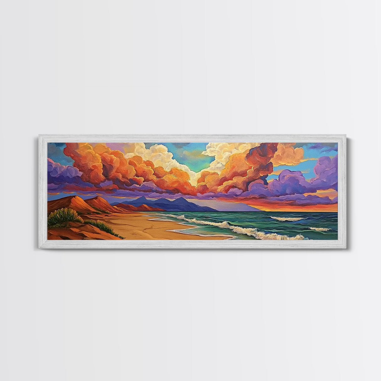 Peaceful Coastal Beach, Colorful Sunset Clouds, Tranquil Ocean Scene, Relaxing Bedroom Wall Art Framed Canvas Print, Bedroom Wall Decor