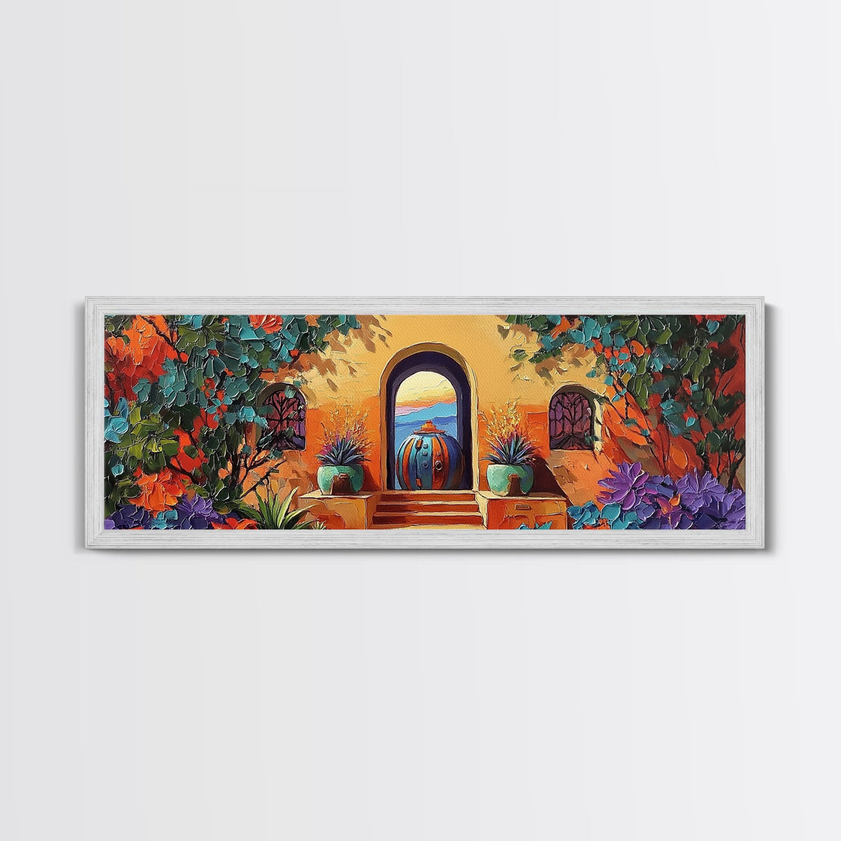 Spanish Courtyard Art, Terracotta Walls, Framed Canvas Print, Vibrant Southwest Decor, Patio Wall Art, Mediterranean Boho Style