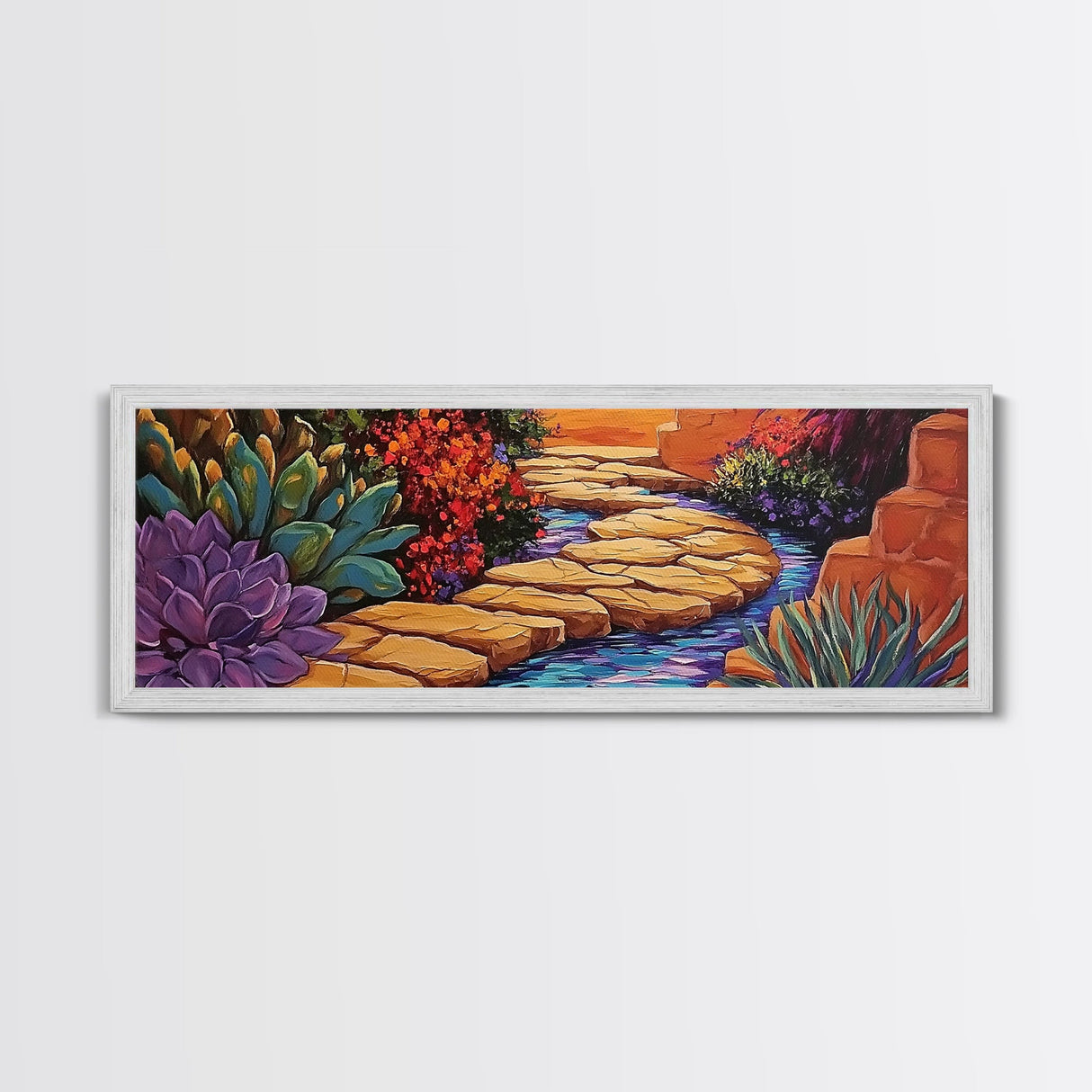 Garden Pathway, Floral Stream Art, Bold Colors, Succulent Garden Style, Framed Canvas Print, Kitchen or Hallway Wall Art