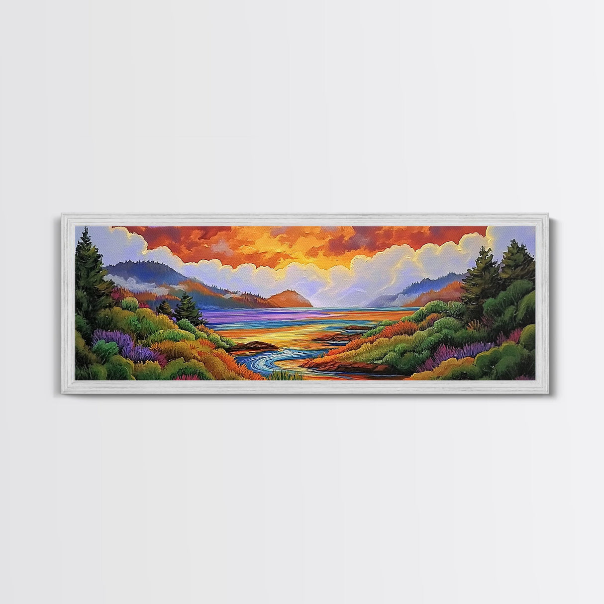 Sunset Lake Scene, Mountain View Art, Tranquil Waterscape Landscape, Framed Canvas Print, Nature Office Decor, Living Room Art