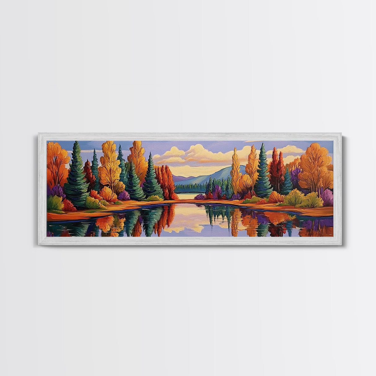 Autumn Reflections Painting, Lakeside Forest Landscape, Fall Color Trees, Framed Canvas Print, Cabin Wall Art, Cozy Living Room