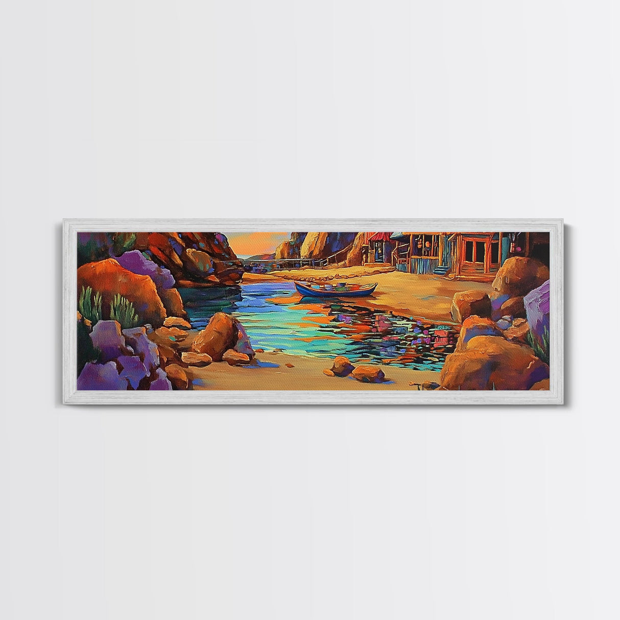 Rustic Cove, Rowboat Reflection, Coastal Vibes, Framed Canvas Print, Beach House Decor, Nautical Wall Art, Colorful Seascape