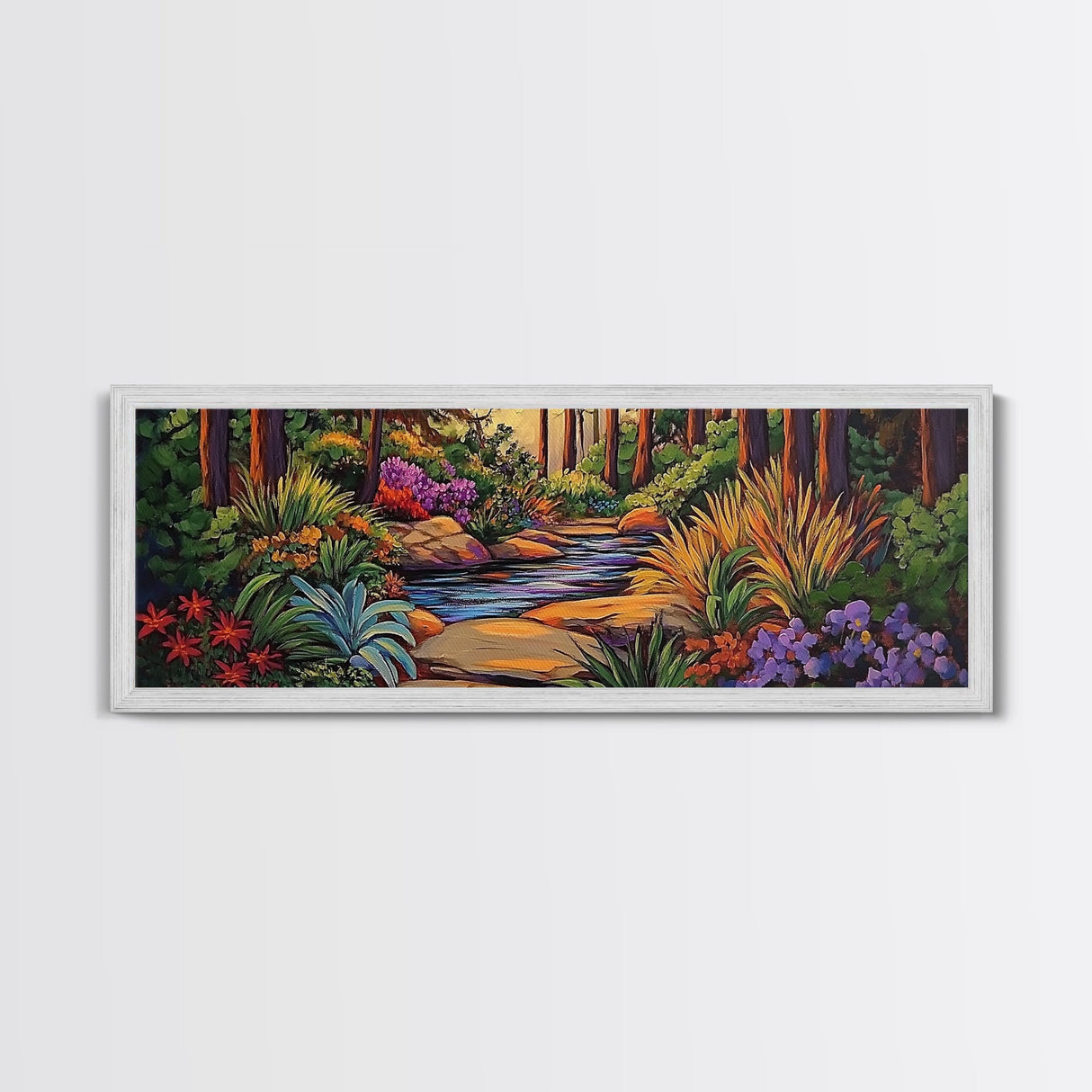 Woodland Path, Peaceful Stream, Vibrant Forest, Tranquil Nature, Framed Canvas Print, Office Wall Art, Nature Trail Decor