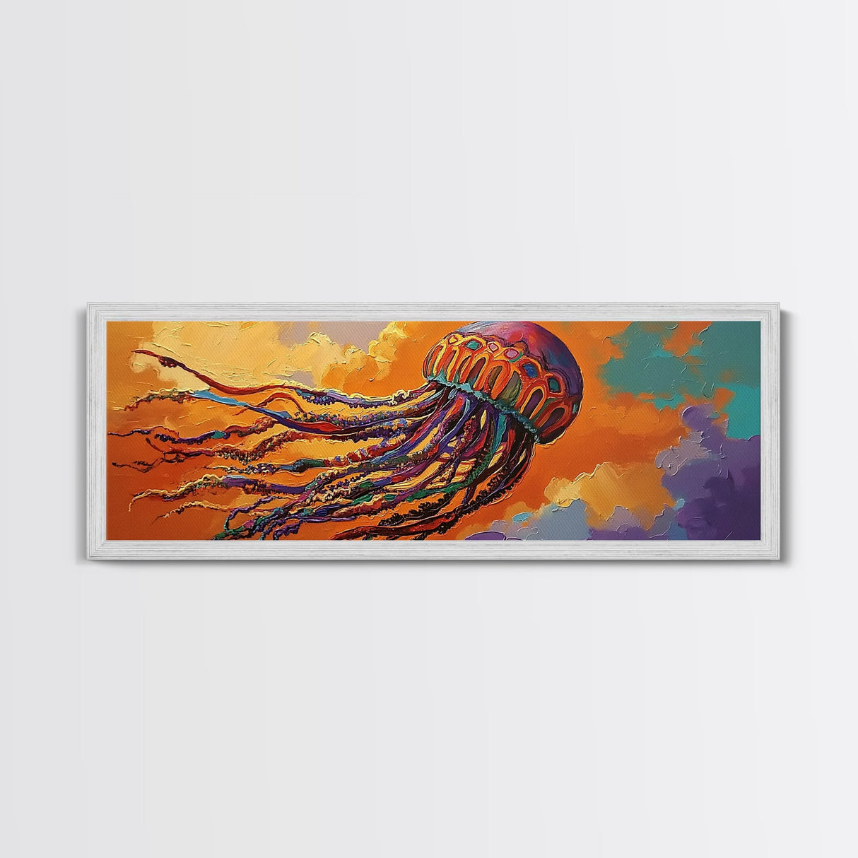 Vibrant Jellyfish, Ocean Creature, Sunset Sky, Living Room Decor, Framed Canvas Print, Coastal Wall Art, Bright Colorful Boho Art