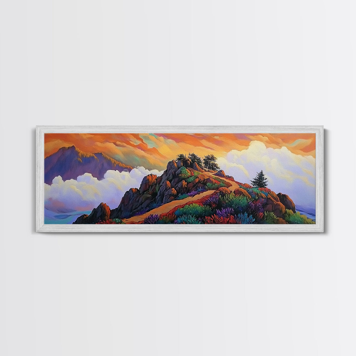 Mountain Peak Trail, Vibrant Sunset Hike Scene, Nature Adventure Wall Art, Framed Canvas Print, Boho Office or Den Decoration