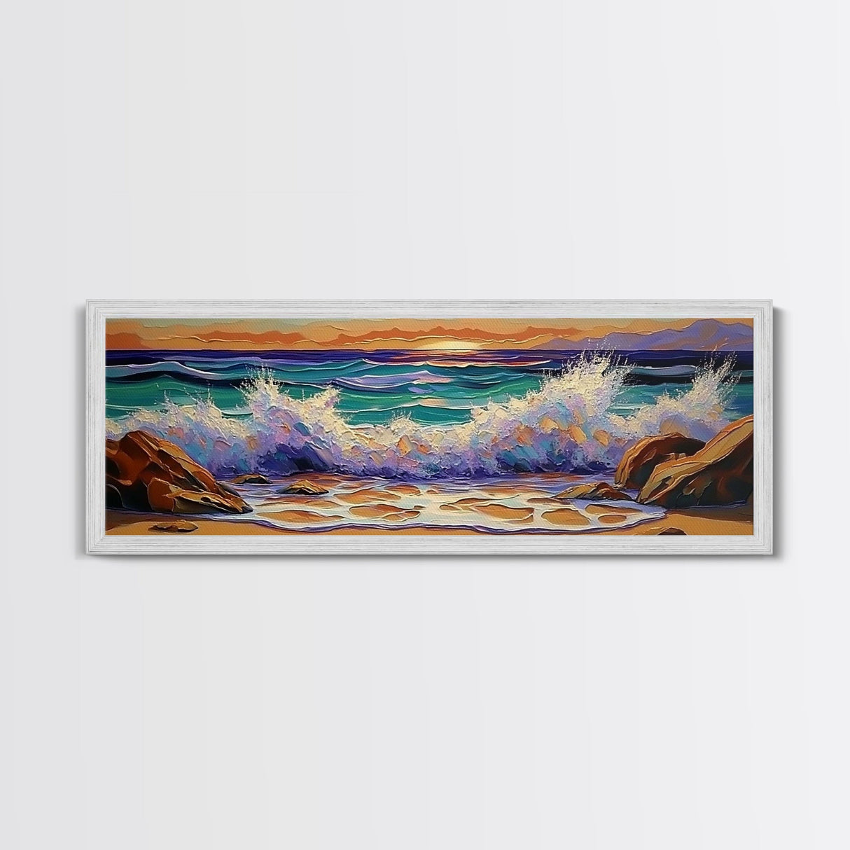 Crashing Waves Sunset, Seaside Landscape Art, Modern Beach Wall Decor, Living Room Accent, Framed Canvas Print, Coastal Vibes
