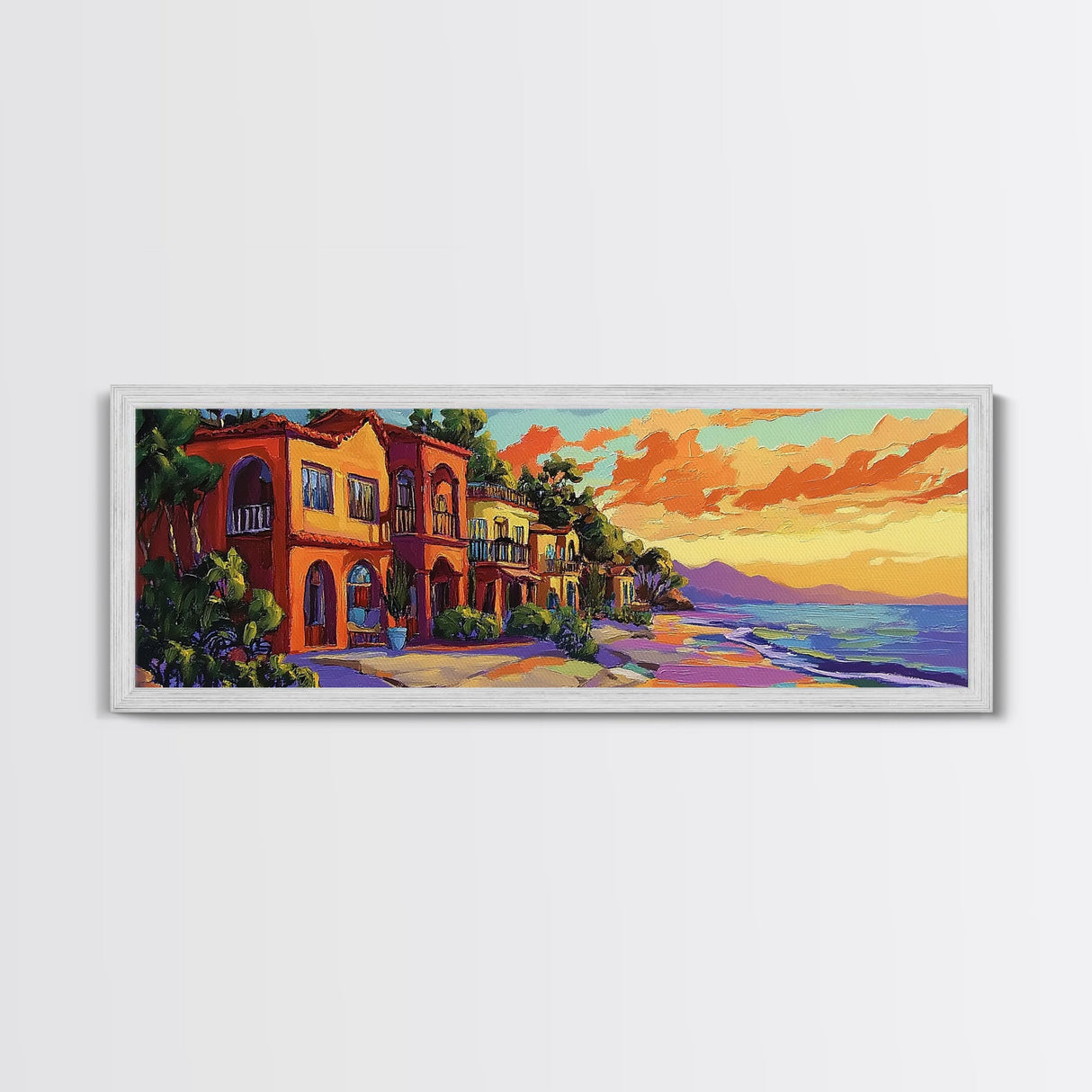 Coastal Village Sunset, Beach House Art, Vibrant Colorful Home Decor, Tropical Wall Style, Framed Canvas Print, Vacation Vibes