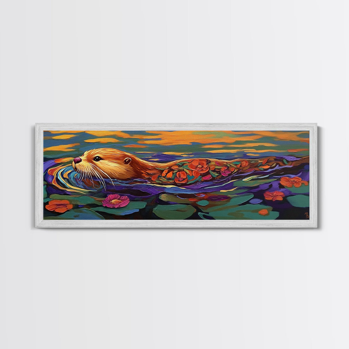 Whimsical Otter, Floral Animal, Playful River, Canvas Print, cute otter painting, animal nursery decor, boho animal print