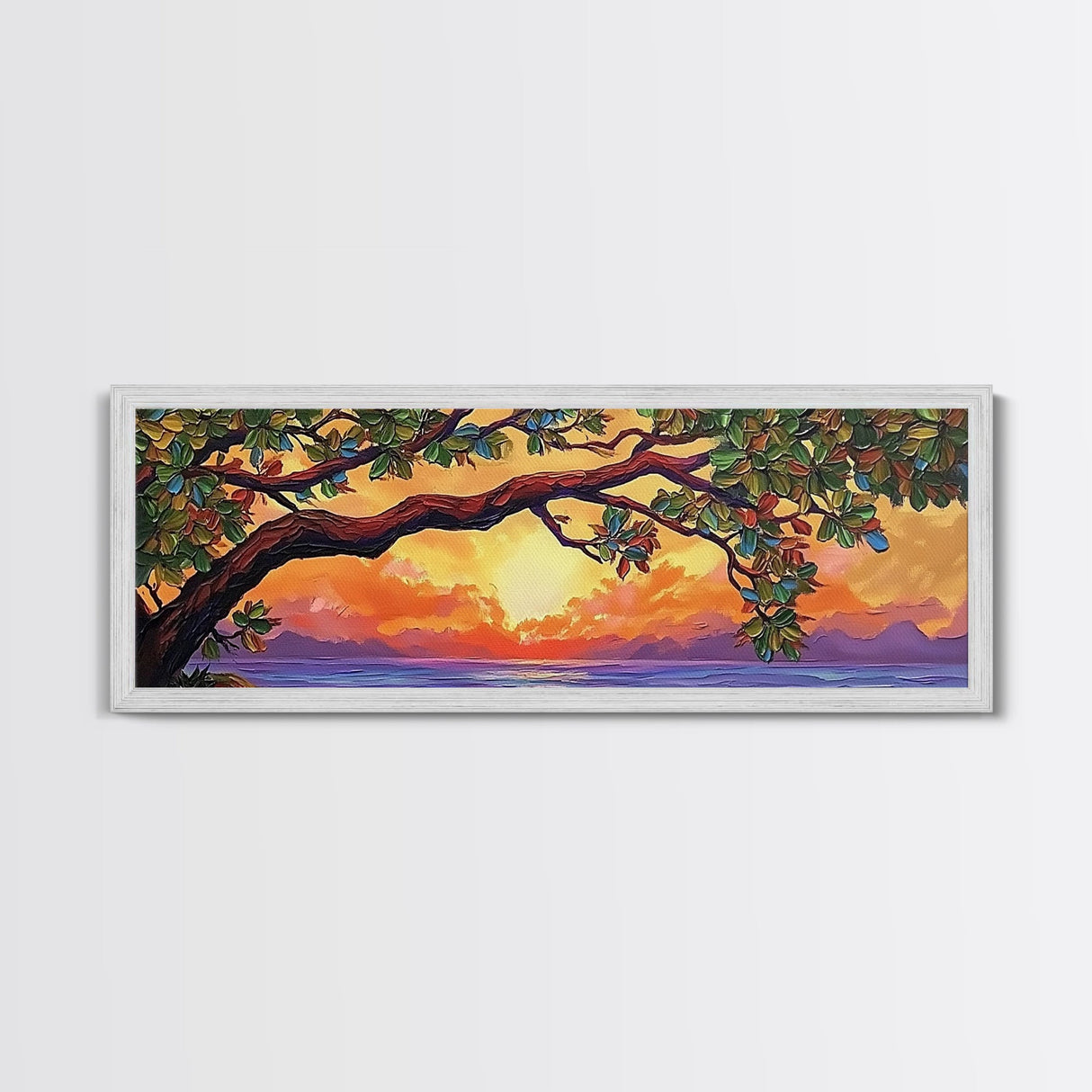 Tropical Tree Sunset, Ocean View Art, Island Vibes, Framed Canvas Print, Beach House Decor, Sunset Wall Art, Coastal Boho Art