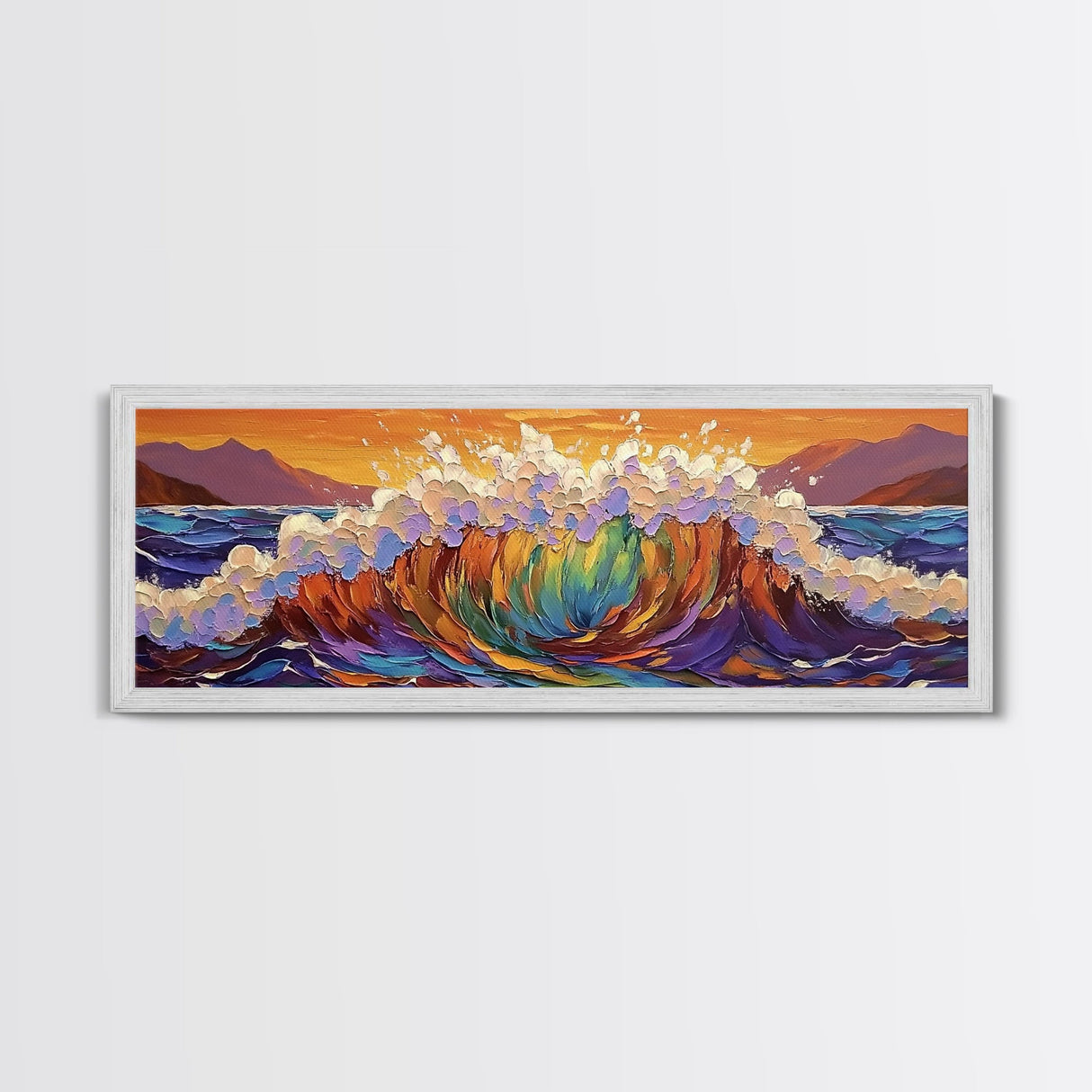 Rainbow Wave Splash, Ocean Energy Art, Vibrant Seascape, Framed Canvas Print, Coastal Living Room Decor, Surf Beach Wall Art, Boho Style