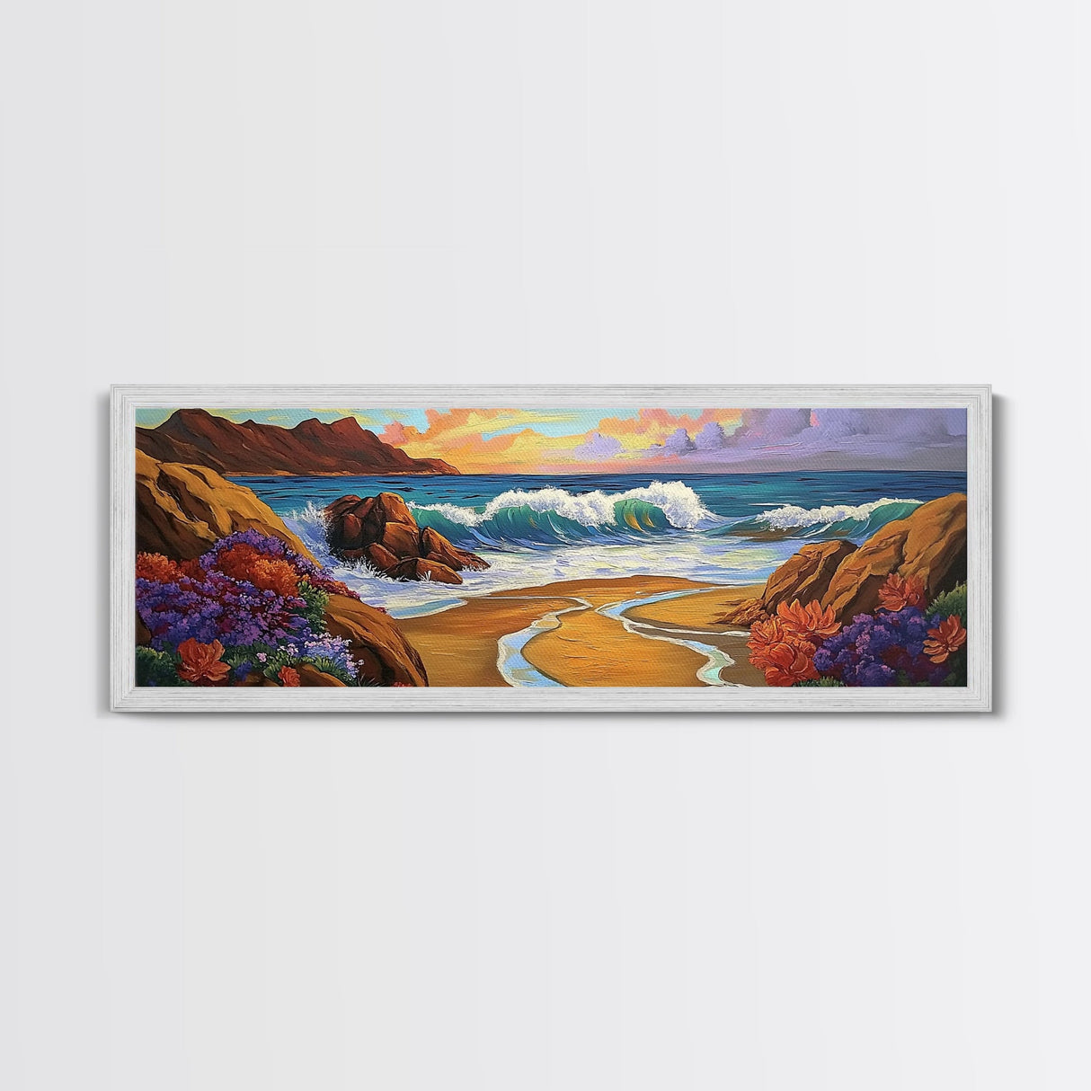 Coastal Wave, Bold Surf, Rocky Sunset, Flower Shoreline, Framed Canvas Print, Nautical Art, Bathroom Beach Landscape Decor