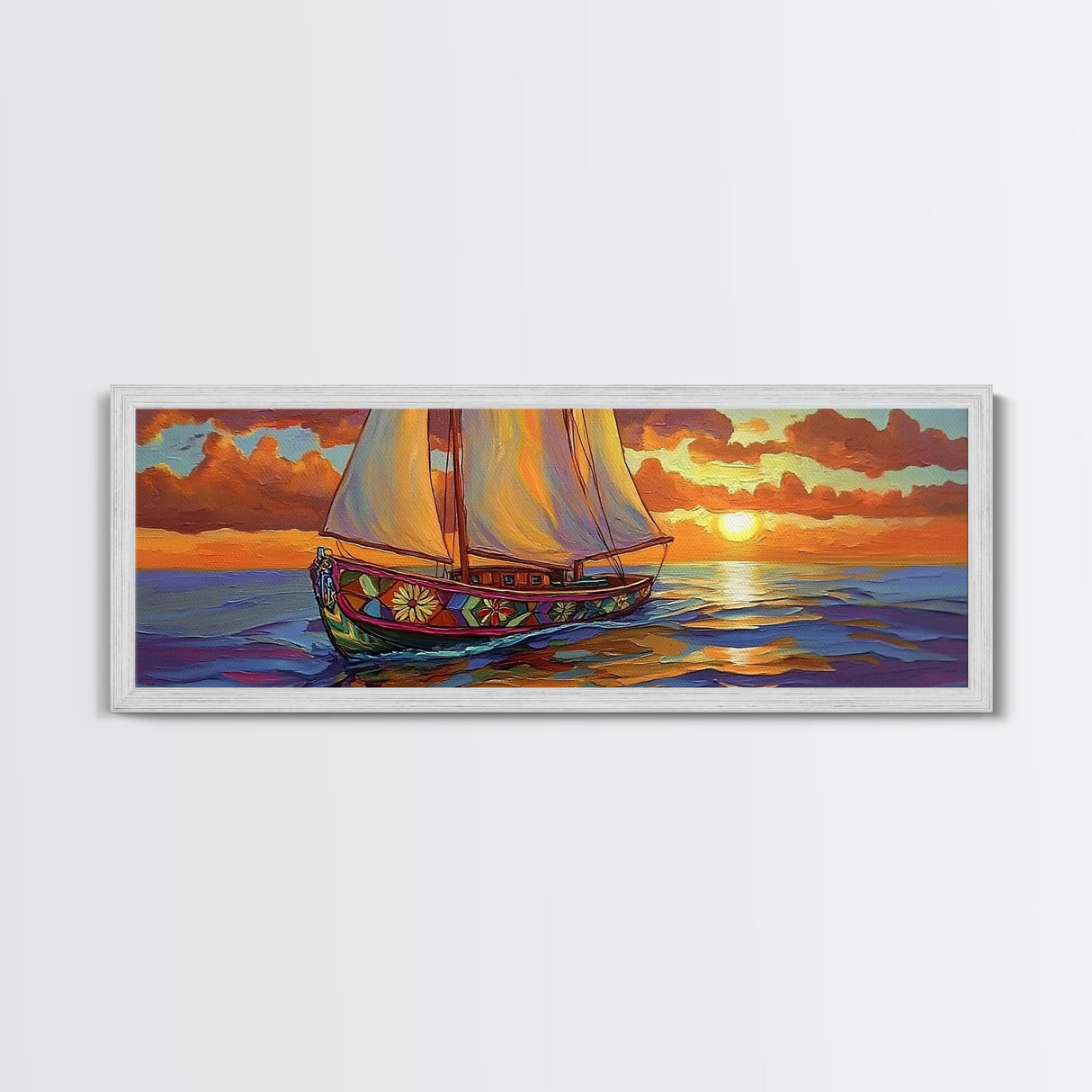 Sunset Sailboat Dream, Vibrant Ocean Painting, Nautical Coastal Wall Art, Canvas Print, Beach House Decor, Living Room Statement Piece
