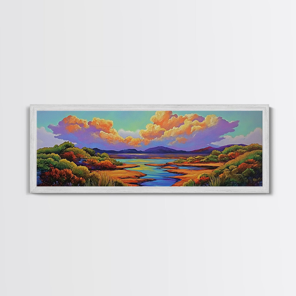 Serene River Sunset, Colorful Landscape Reflection, Nature Wall Scene, Framed Canvas Print, Bedroom Wall Art, Calming Scenic Artwork