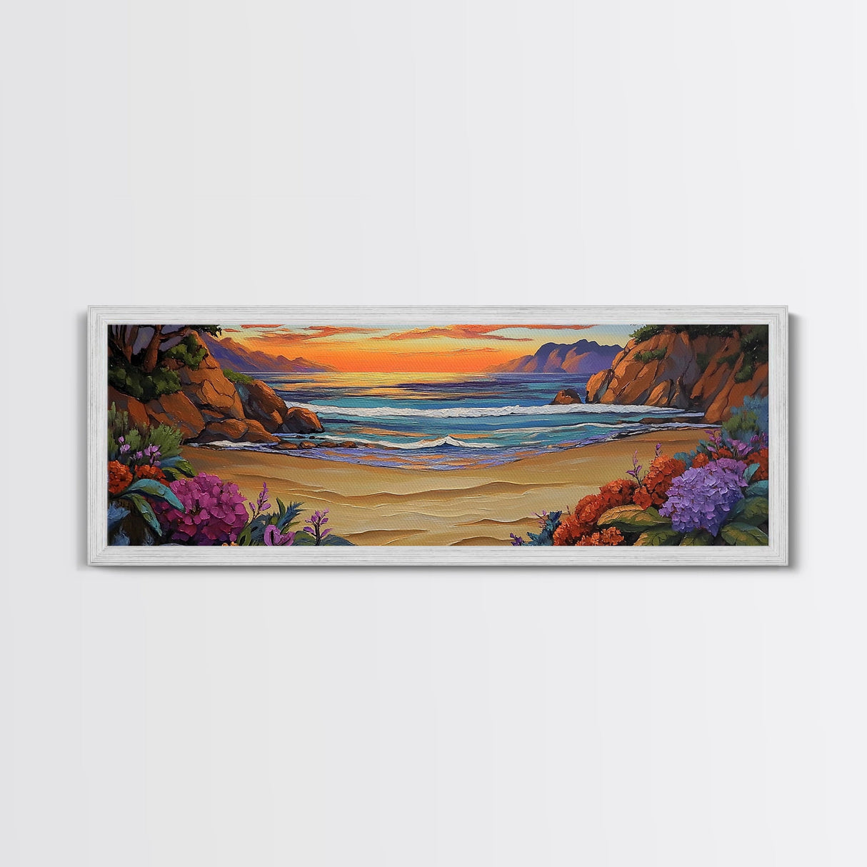 Tranquil Beach Sunset, Colorful Coastal Scene, Ocean Cliff View, Floral Accents, Framed Canvas Print, Dining Room art, Office Art