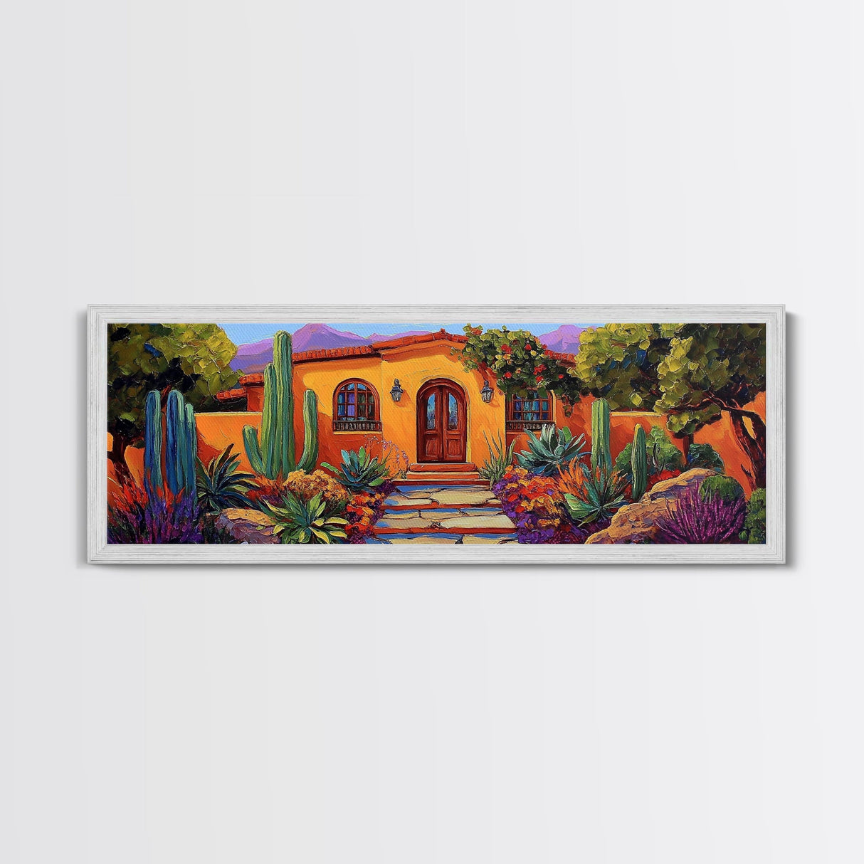 Southwest Garden Entrance, Cactus Desert Home, Rustic Charm, Framed Canvas Print, Living Room Wall Art, Vibrant Adobe Artwork