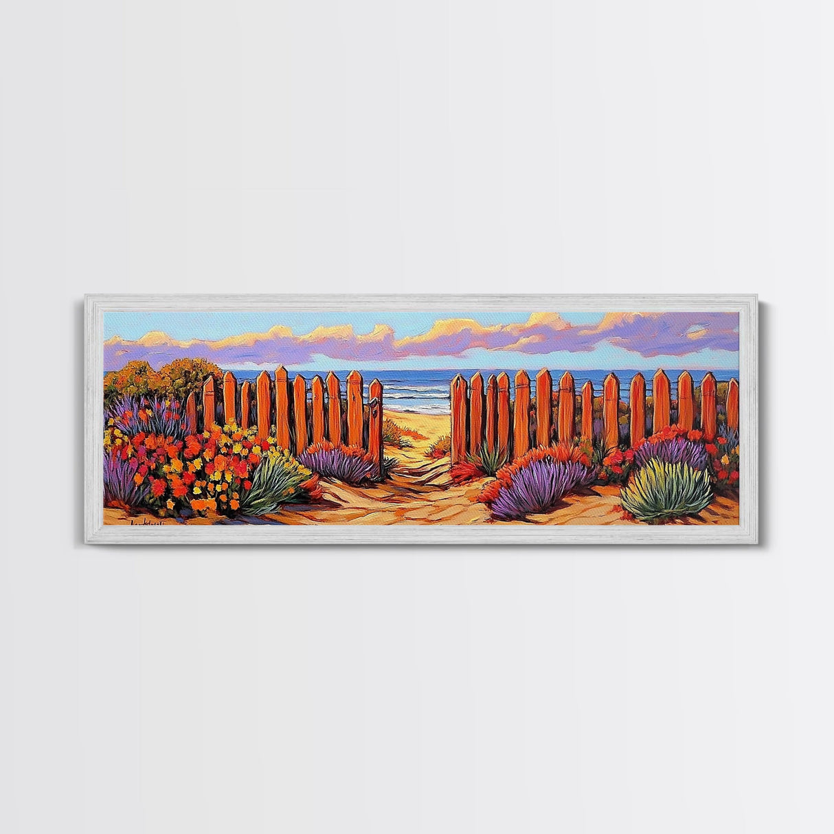 Beach Fence Trail, Ocean Coastal View, Sandy Pathway, Framed Canvas Print, Vibrant Seaside Art, Bathroom or Entryway Decor