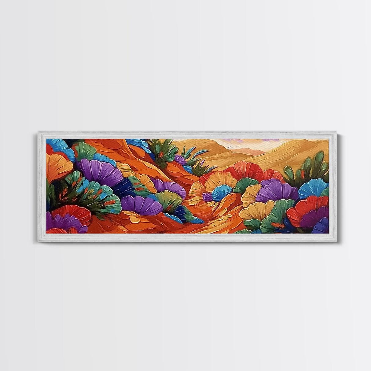 Colorful Desert Blooms, Vibrant Landscape, Boho Floral Style, Framed Canvas Print, Bedroom Wall Art, Modern Southwestern Painting