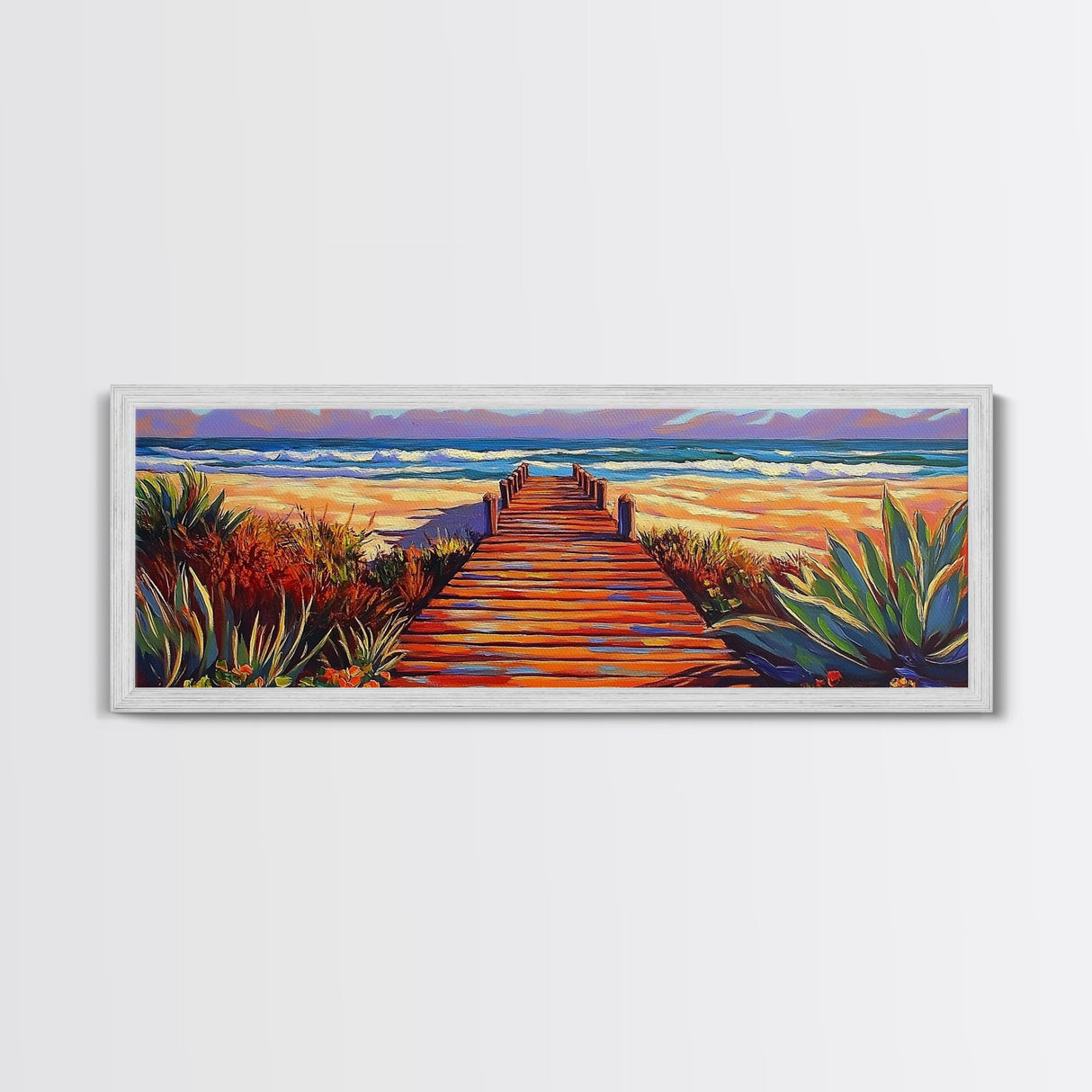 Seaside Path Art, Beach Boardwalk Print, Coastal Nature Scene, Tropical Living Room Wall Decor, Boho Style Framed Canvas Print