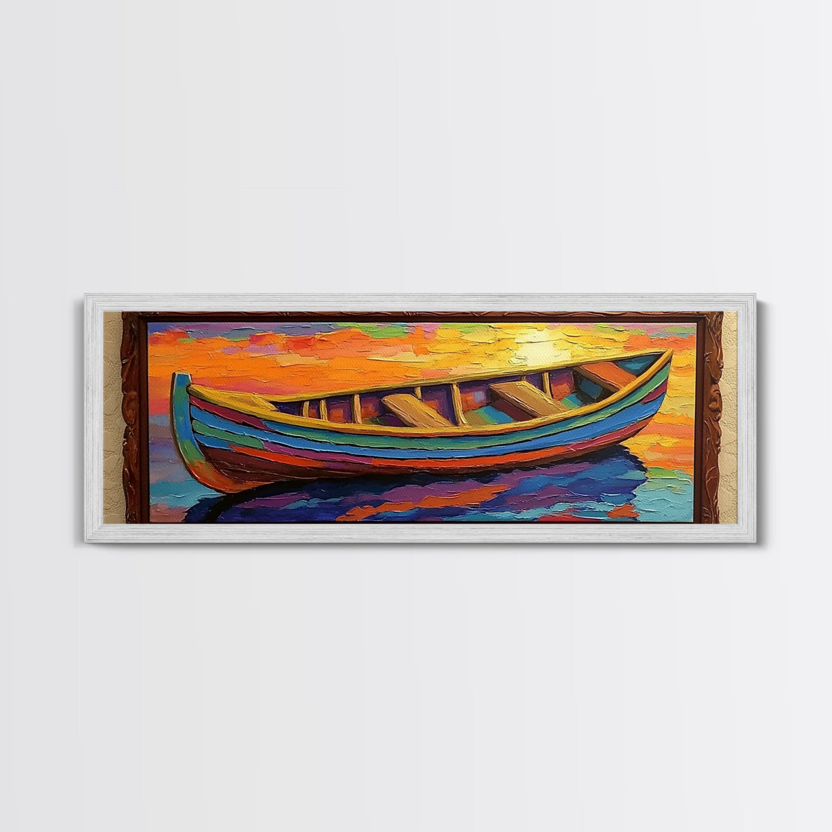Colorful Boat, Sunset Reflection, Vibrant Seascape, Canvas Print, Nautical Living Room Wall Art, Coastal Decor, Bold Modern Art