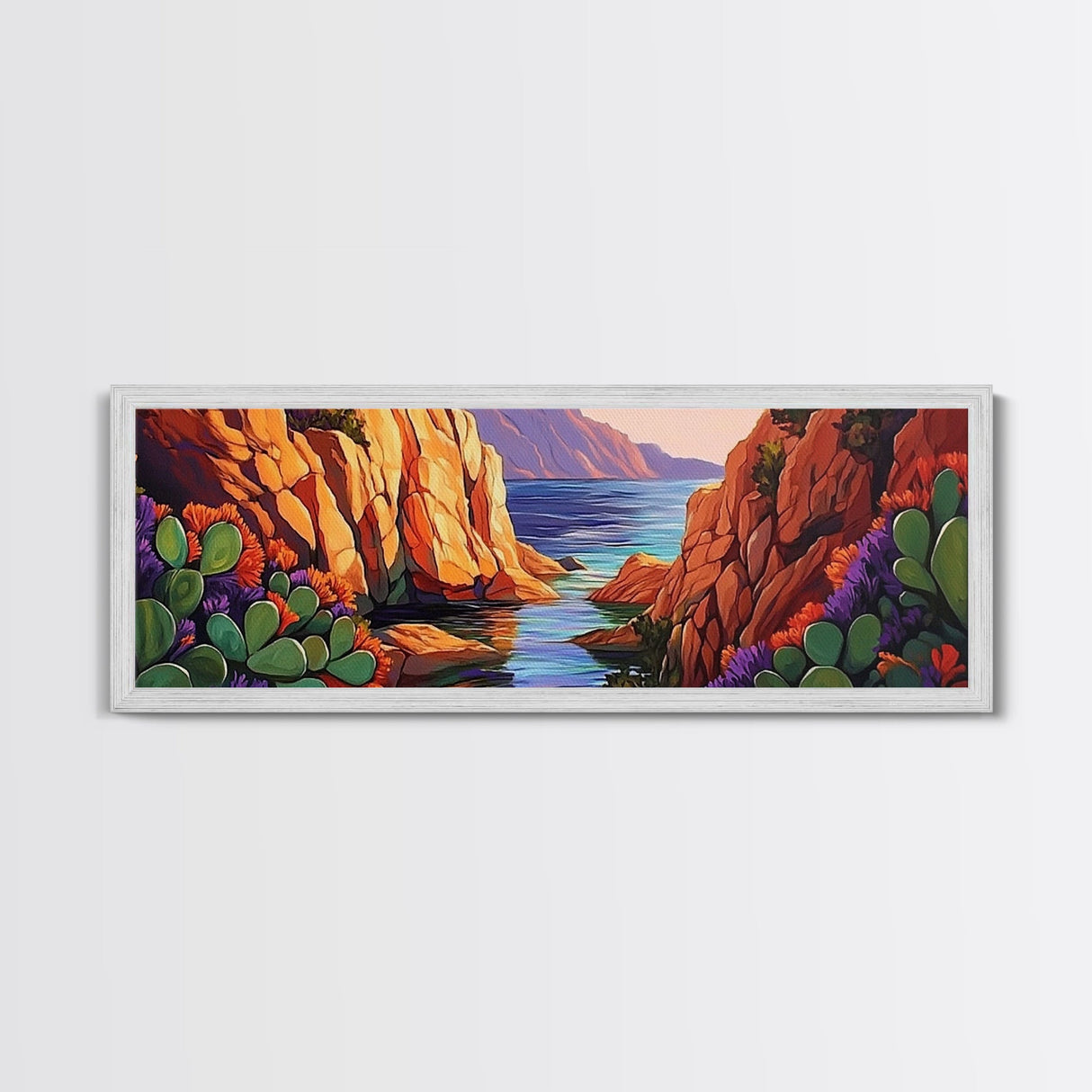 Cactus Cove View, Mountain Sunset, Desert Oasis, Framed Canvas Print, Boho Living Room Wall Art, Nature Inspired Art, Colorful Decor