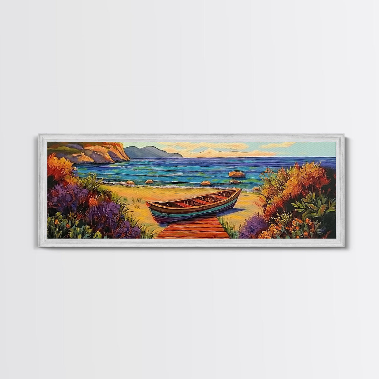 Beach Rowboat Painting, Tranquil Shoreline Scene, Coastal Landscape Art, Summer Lake House Style, Framed Canvas Print, Nature Wall Art